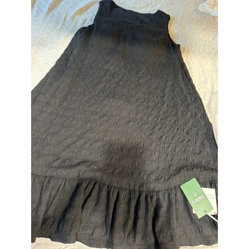 Halara Black Crinkle Textured Ruffle Hem Sleeveless Mini Shift Dress Large New - Picture 10 of 12